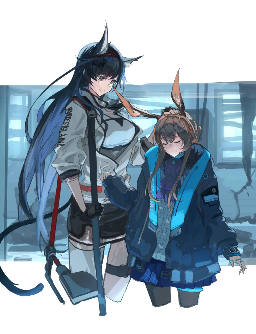 2girls, amiya_(arknights), animal_ears, arknights, ascot, asymmetrical_legwear, black_coat, black_gloves