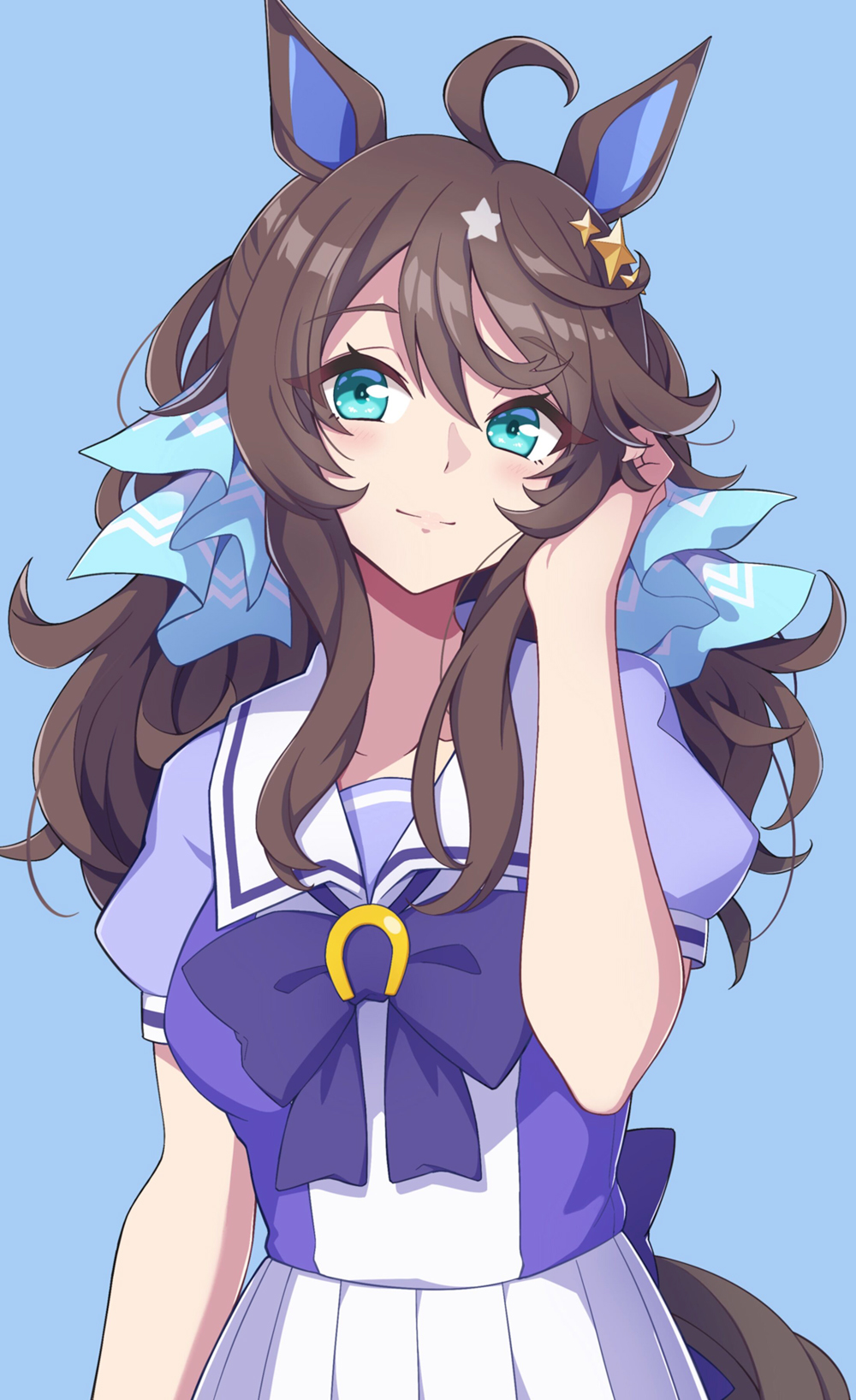 1girl, animal_ears, black_hair, blue_background, blue_eyes, breasts, commentary, daring_tact_(umamusume)
