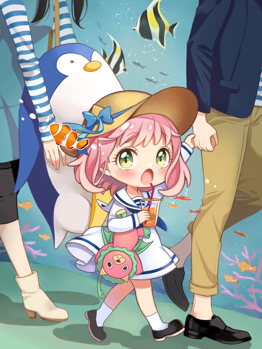 1boy, 2girls, anya_(spy_x_family), black_hair, blue_jacket, blue_neckerchief, brown_pants, director_chimera_(spy_x_family), dress, drinking_straw, family, female_child, fish, glass, green_eyes, hat, highres, jacket, long_sleeves, momo-tako, multiple_girls, neckerchief, open_mouth, pants, pink_hair, shirt, shoes, socks, spy_x_family, striped, striped_shirt, stuffed_animal, stuffed_toy, twilight_(spy_x_family), white_dress, yor_briar