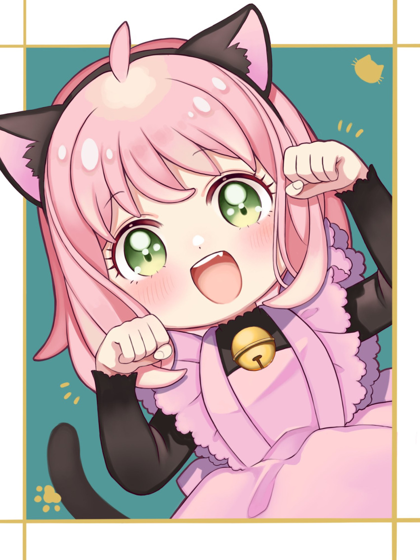 1girl, animal_ears, anya_(spy_x_family), apron, bell, black_dress, cat_ears, dress
