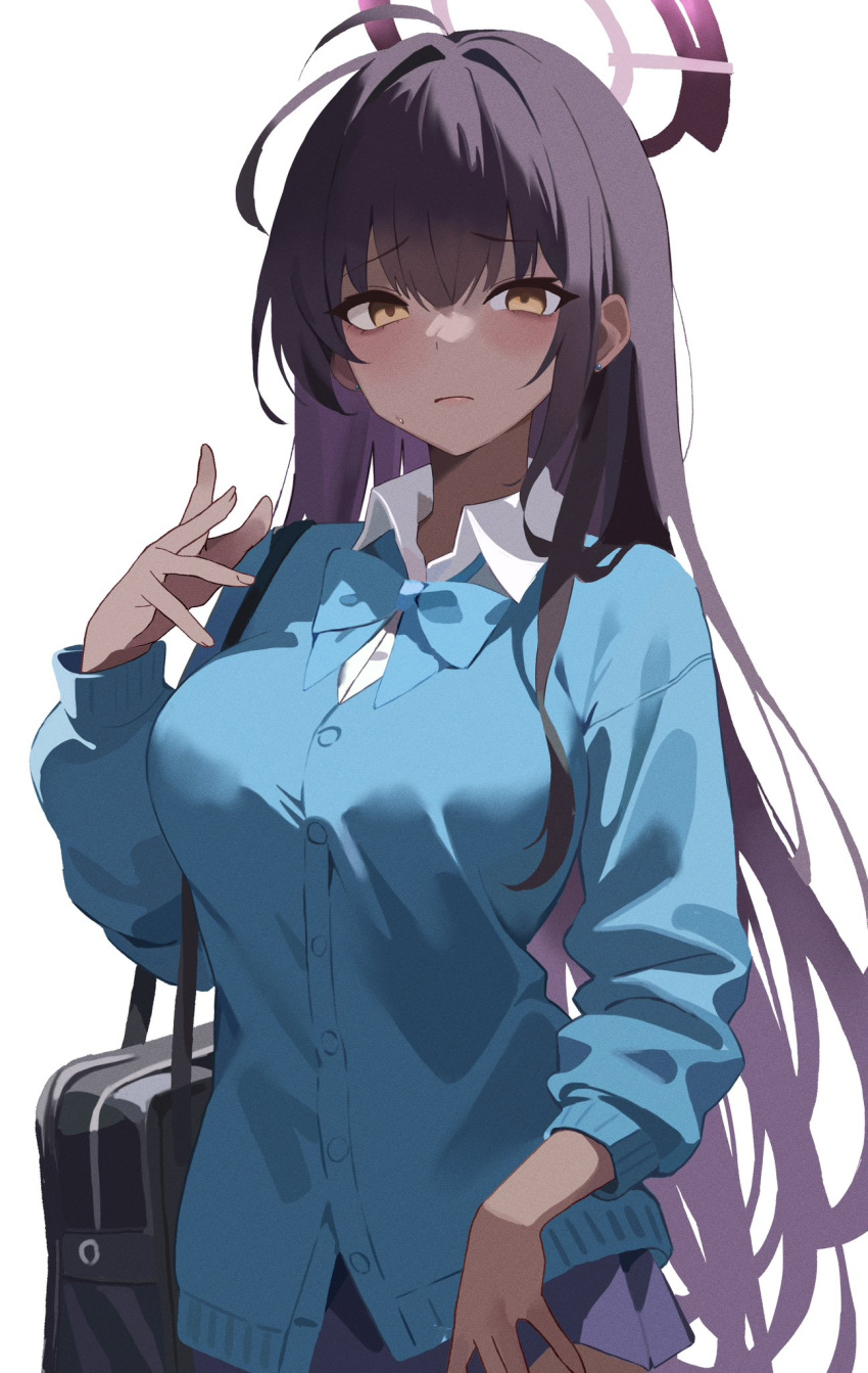 1girl, ahoge, bag, black_bag, blue_archive, blue_bow, blue_shirt, blue_skirt