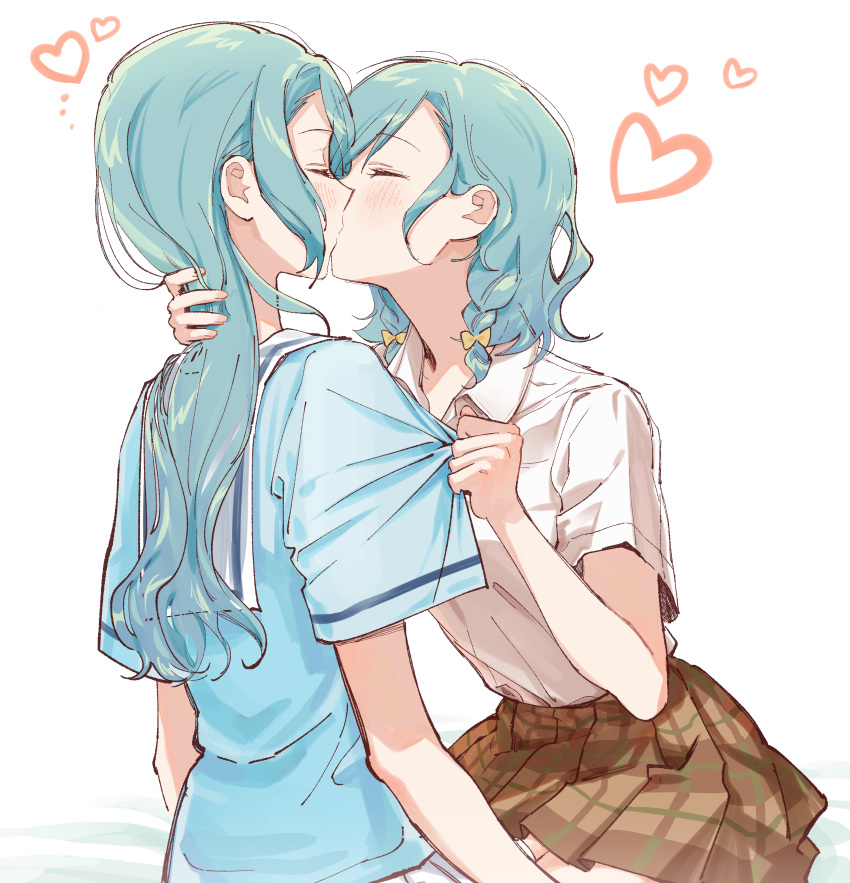 2girls, absurdres, aqua_hair, arms_at_sides, bang_dream!, blue_shirt, blush, bow