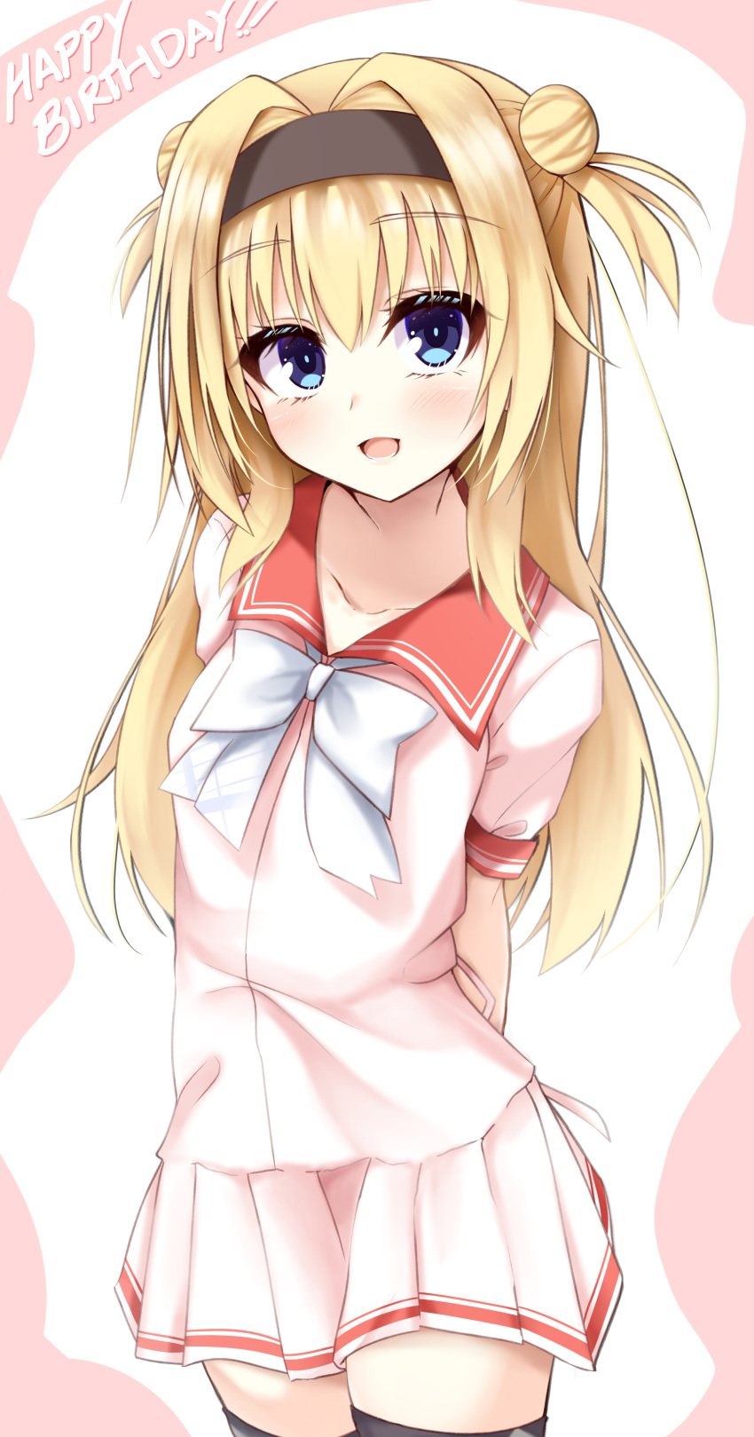 1girl, :d, absurdres, arms_behind_back, black_hairband, black_thighhighs, blonde_hair, blue_eyes