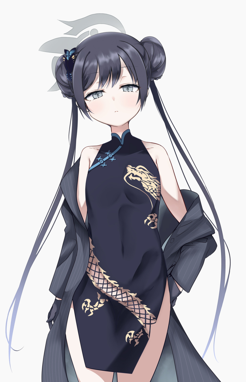 1girl, absurdres, arm_at_side, bare_shoulders, black_butterfly, black_dress, black_gloves, black_hair