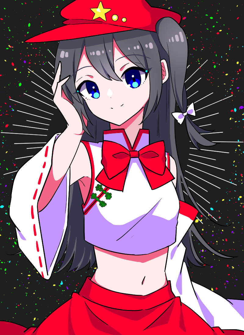 1girl, bare_shoulders, black_background, black_hair, blue_eyes, bow, bowtie, breasts