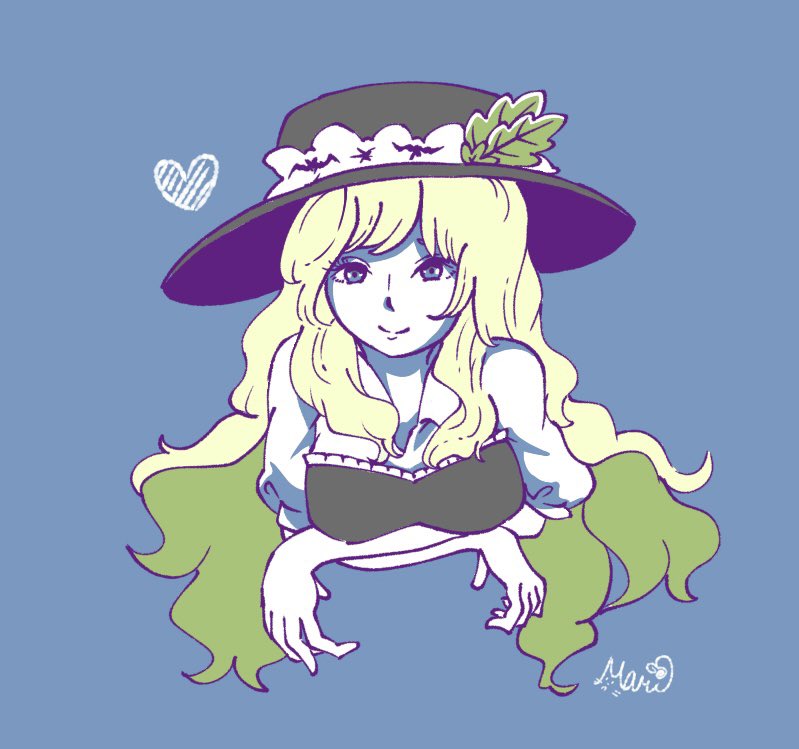 1girl, blonde_hair, blue_background, breasts, brown_dress, brown_headwear, dress, frilled_hat, frills, hat, hat_feather, heart, jacket_girl_(dipp), long_hair, marikirimori, medium_breasts, shirt, simple_background, smile, solo, touhou, very_long_hair, wavy_hair, white_shirt