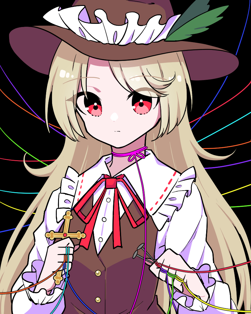 1girl, blonde_hair, brown_headwear, brown_vest, collared_shirt, cross, expressionless, frilled_hat