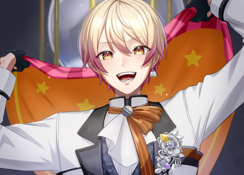 1boy, black_gloves, blonde_hair, commentary, earrings, flag, flower, gloves, gradient_hair, high_collar, highres, holding, holding_flag, jewelry, lapels, long_sleeves, looking_at_viewer, multicolored_hair, notched_lapels, open_mouth, orange_hair, pink_hair, project_sekai, short_hair, single_earring, solo, star_(symbol), teeth, tenma_tsukasa, upper_body, yk62