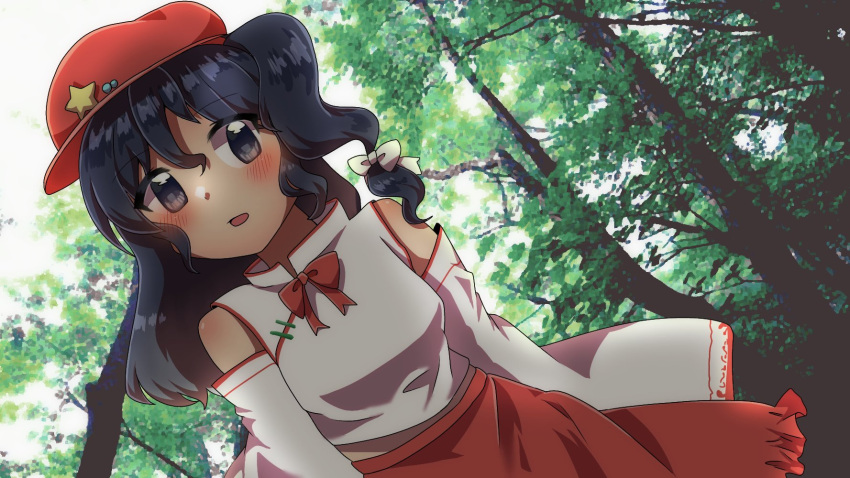 1girl, bare_shoulders, blue_eyes, blue_hair, blush, breasts, cabbie_hat, cross, detached_sleeves, flat_cap, forest, frilled_hat, frilled_skirt, frills, hat, hat_ornament, highres, holding, holding_cross, label_girl_(dipp), mandarin_collar, medium_breasts, nature, open_mouth, outdoors, red_headwear, red_skirt, s_sya_rin, shirt, side_ponytail, skirt, sleeveless, sleeveless_shirt, solo, star_(symbol), star_hat_ornament, touhou, vest, white_shirt, white_sleeves, white_vest