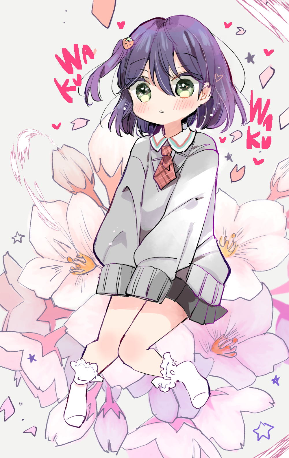 1girl, aged_down, black_skirt, blush, bobby_socks, collared_shirt, commentary_request, flower