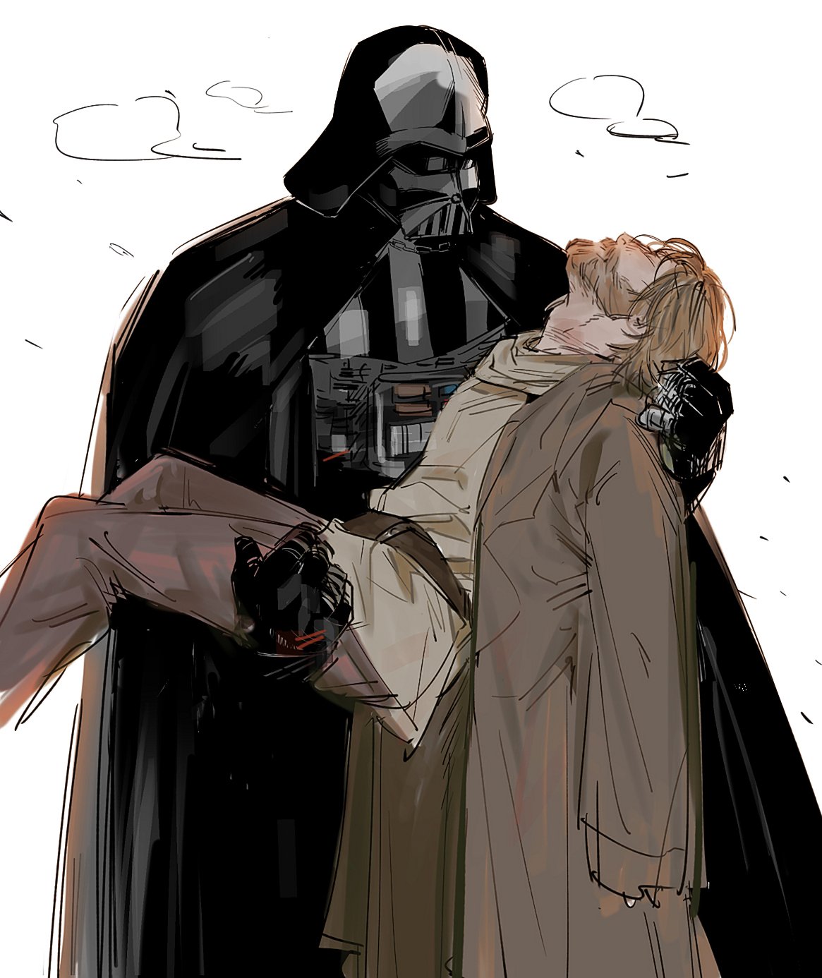 2boys, aesjmhi5, armor, beard, black_cape, blonde_hair, cape, darth_vader, facial_hair, helmet, highres, holding, jedi, looking_at_another, multiple_boys, obi-wan_kenobi, obi-wan_kenobi_(disney+), simple_background, star_wars, white_background