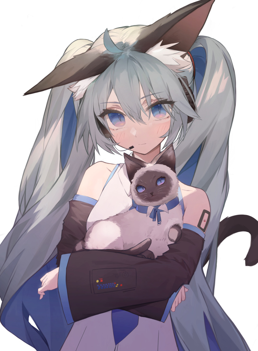 1girl, absurdres, ahoge, animal, animal_ear_fluff, animal_ears, animal_hug, bare_shoulders