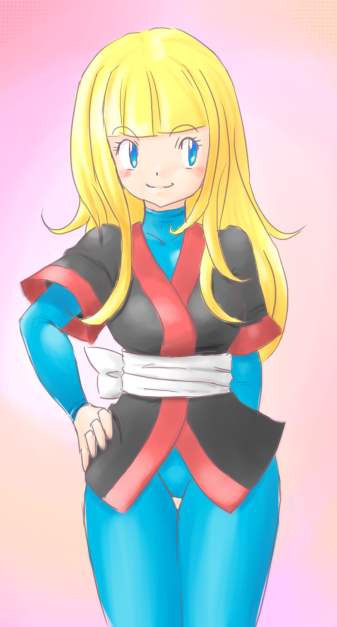 blonde_hair, blue_eyes, blush, bodysuit, frontier_brain, hair_down, hand_on_hip, kogomi_(pokemon)