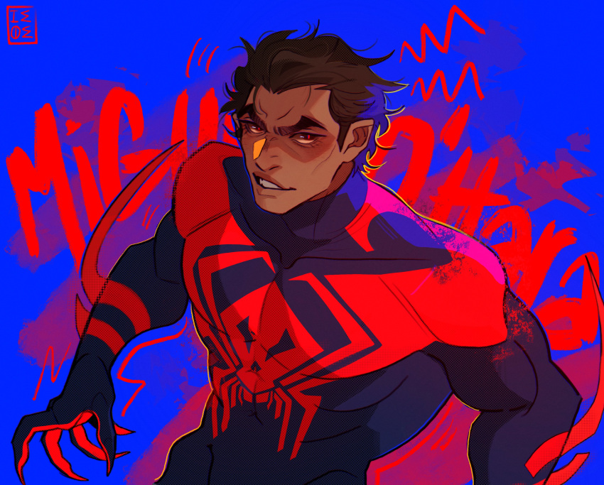 1boy, absurdres, animal_print, blue_bodysuit, bodysuit, brown_hair, character_name, claws, dark-skinned_male, dark_skin, hair_slicked_back, highres, jihi_chan, large_pectorals, male_focus, marvel, miguel_o'hara, muscular, muscular_male, pectorals, print_bodysuit, red_bodysuit, red_eyes, short_hair, skin_tight, solo, spider-man:_across_the_spider-verse, spider-man_(series), spider_print, thick_eyebrows, two-tone_bodysuit