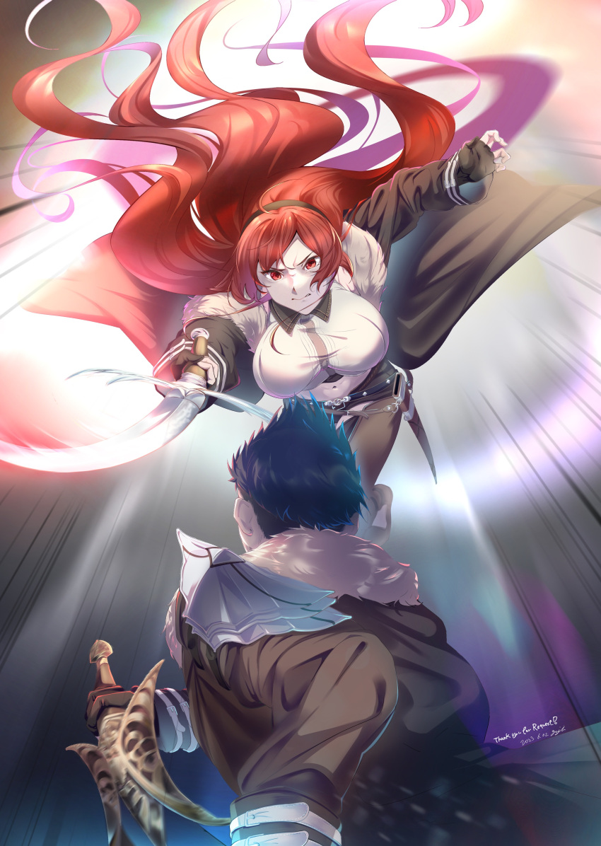 1boy, 1girl, absurdres, aged_up, ahoge, angry, attack, battle