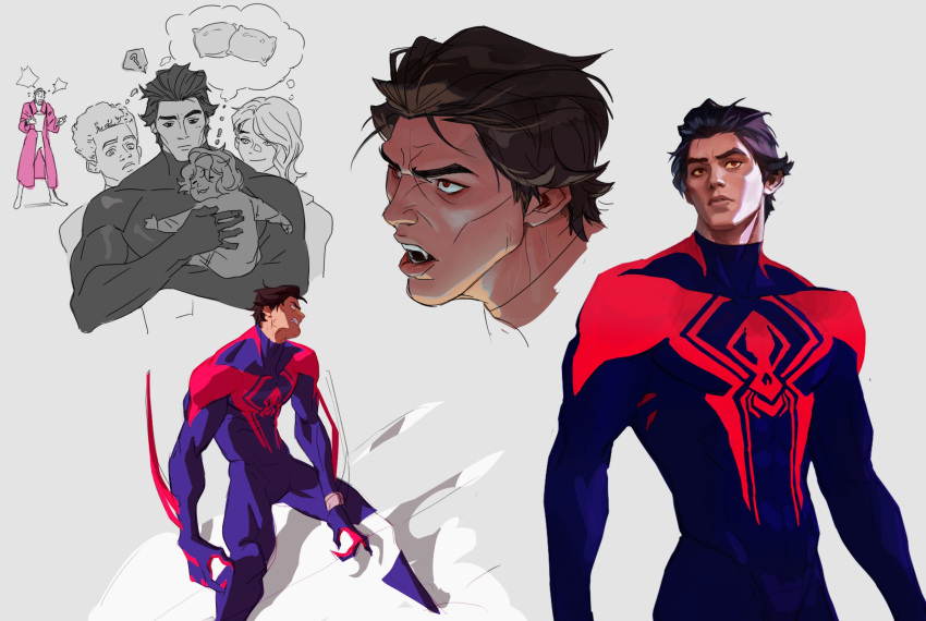 animal_print, arm_blade, bathrobe, blue_bodysuit, bodysuit, brown_hair, claws, dark-skinned_male