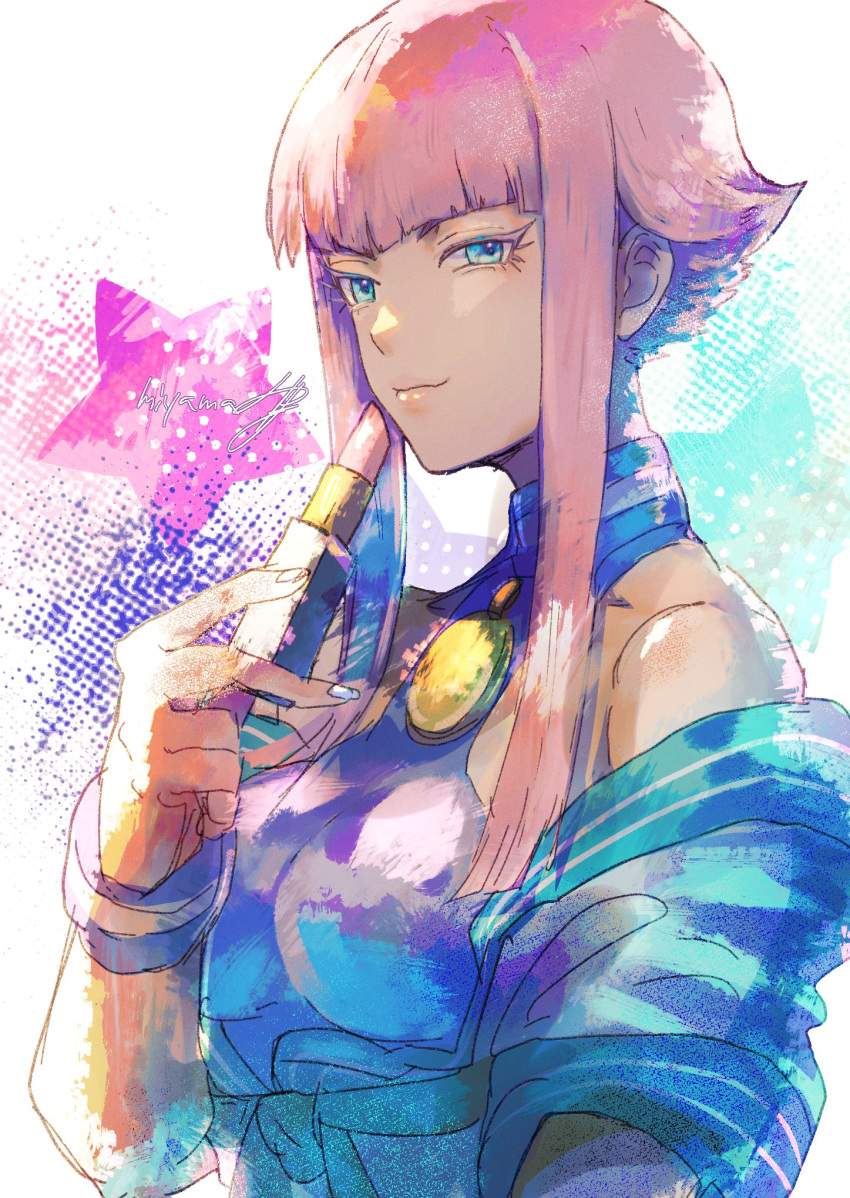 1girl, artist_name, bare_shoulders, brooch, cosmetics, highres, holding, holding_lipstick_tube