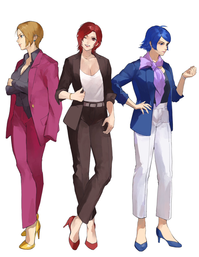 3girls, alternate_costume, blonde_hair, blue_hair, bracelet, breasts, earrings, elisabeth_blanctorche