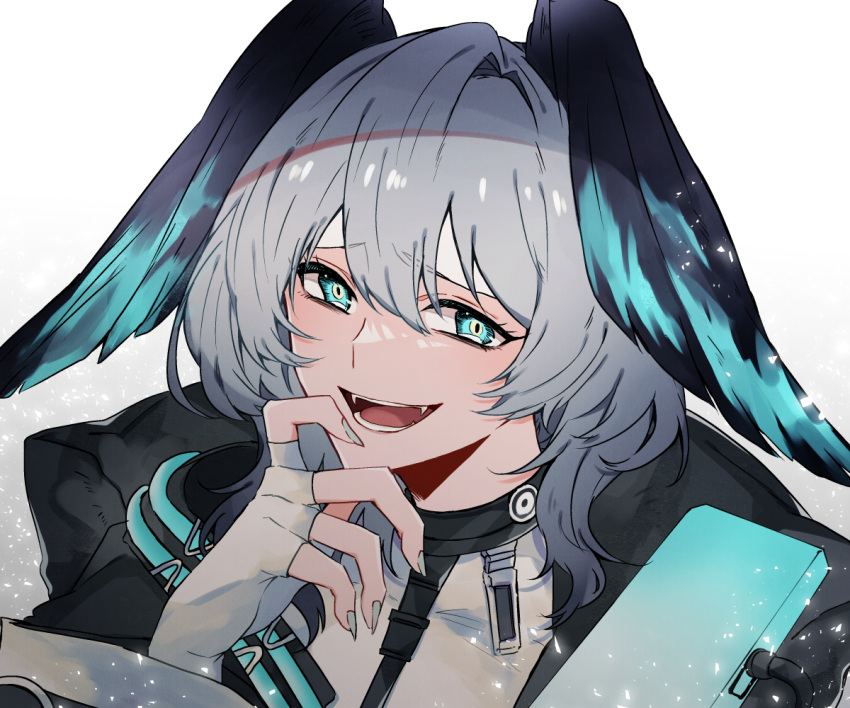 1girl, :d, arknights, bags_under_eyes, black_jacket, blue_eyes, blush, fangs, fingerless_gloves, gloves, grey_gloves, grey_hair, grey_nails, hair_between_eyes, hand_on_own_chin, head_wings, ho'olheyak_(arknights), hood, hood_down, hooded_jacket, jacket, kyouna, long_hair, looking_at_viewer, nail_polish, open_mouth, portrait, raised_eyebrows, sidelocks, simple_background, slit_pupils, smile, solo, teeth, white_background, wings