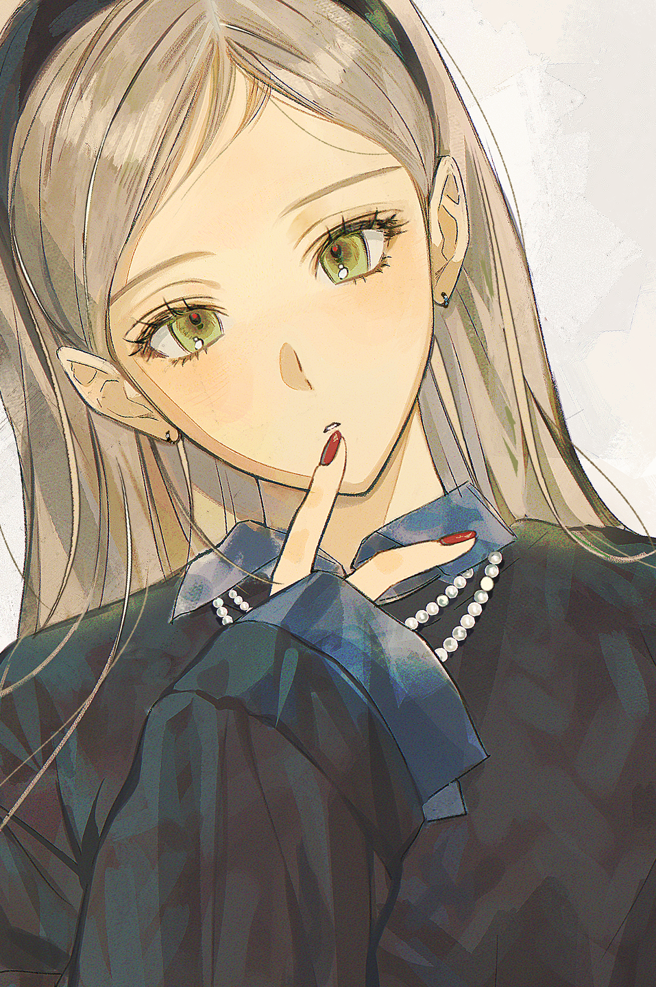 1girl, bead_necklace, beads, black_sweater, blue_shirt, blush, closed_mouth, collared_shirt