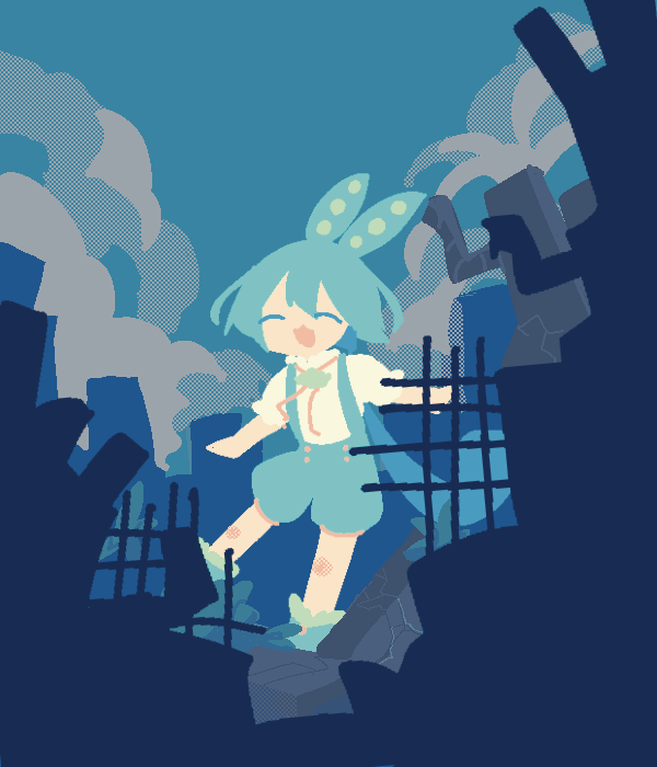 1girl, :3, blue_sky, blue_theme, brooch, closed_eyes, clouds, cloudy_sky