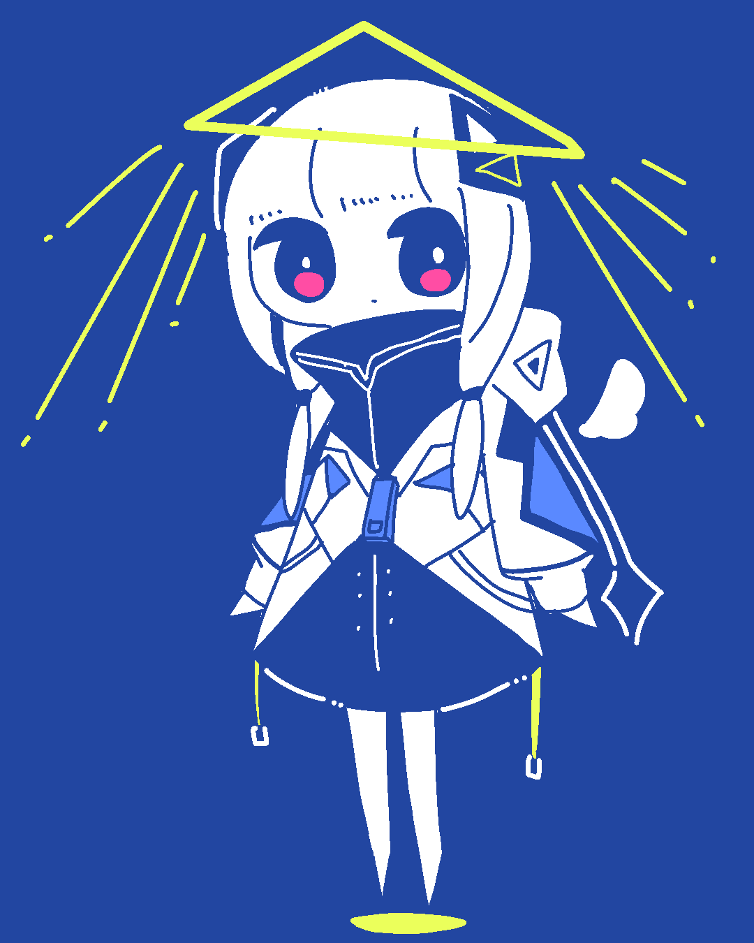 1girl, angel, black_eyes, blue_background, blunt_bangs, cevio, chibi, commentary_request