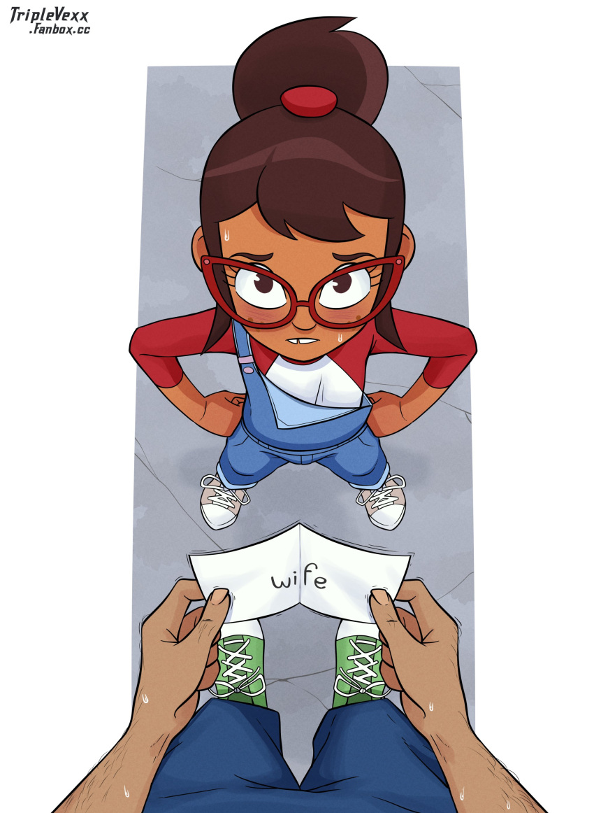 1boy, 1girl, absurdres, blue_overalls, blue_pants, brown_eyes, brown_hair, dark-skinned_female
