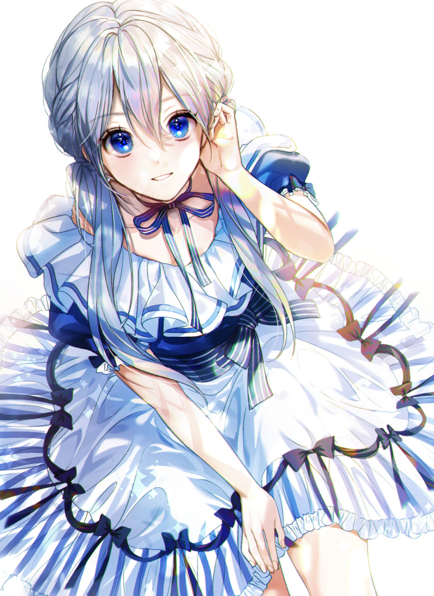 1girl, blue_eyes, blue_ribbon, blush, bow, collarbone, dot_nose, dutch_angle