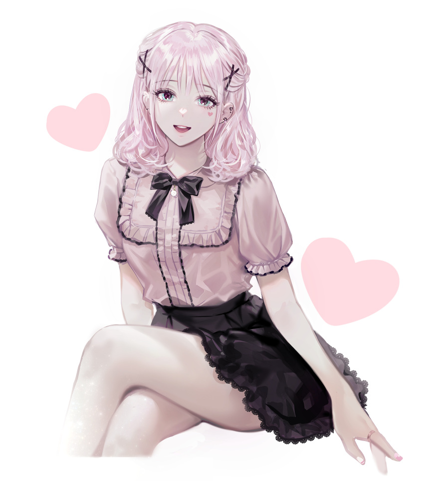 1girl, :d, arm_rest, black_bow, black_bowtie, black_skirt, blue_eyes, bow