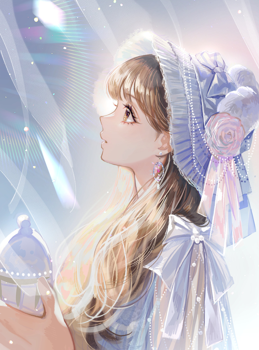 1girl, blush, bonnet, bottle, bow, brown_eyes, brown_hair, earrings
