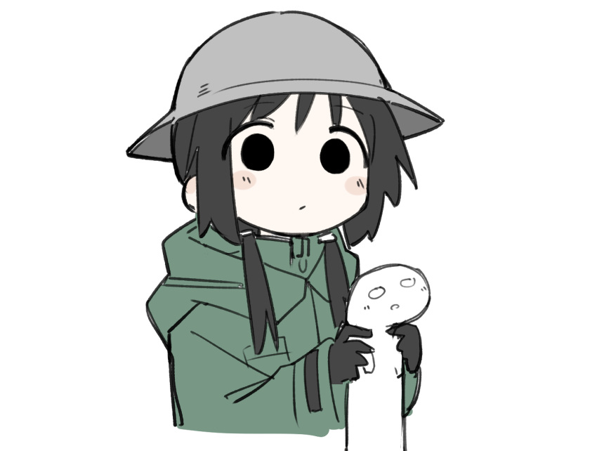 1girl, :/, black_eyes, black_gloves, black_hair, blush_stickers, brodie_helmet, chito_(shoujo_shuumatsu_ryokou)