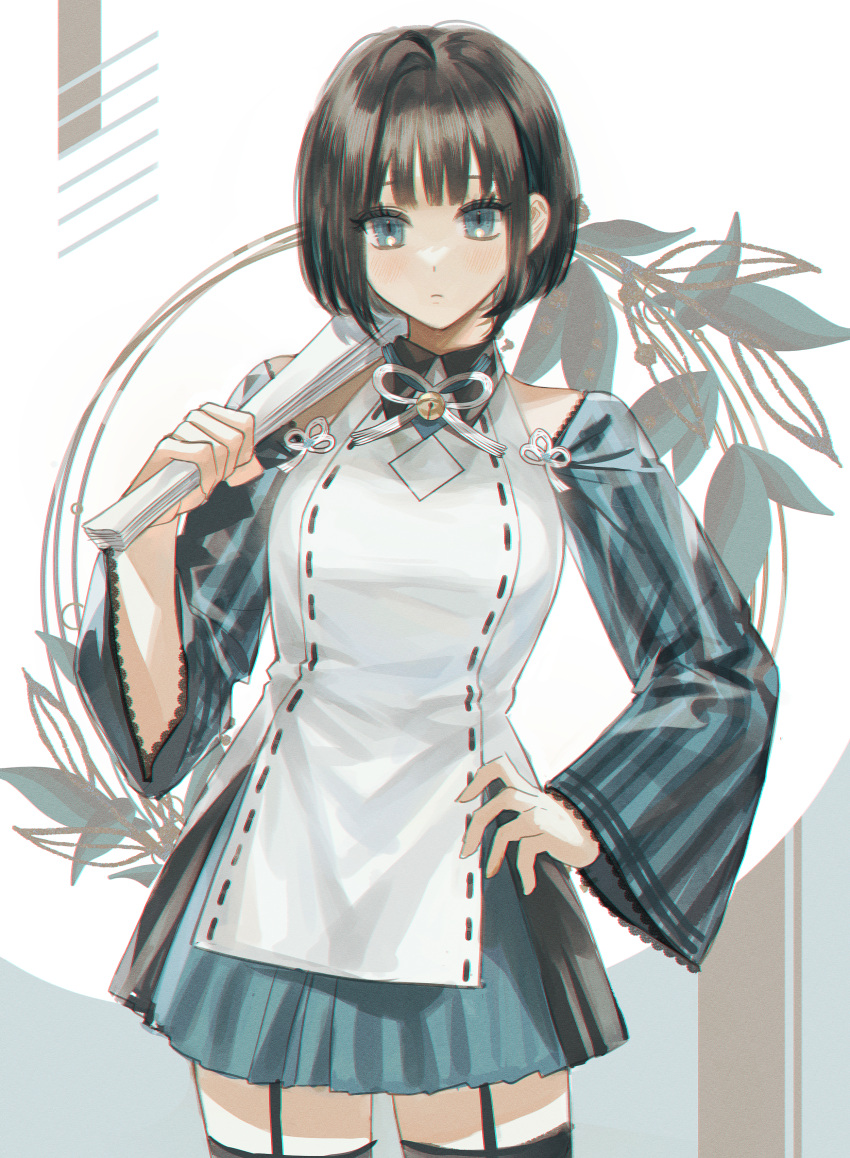 1girl, absurdres, bare_shoulders, bell, black_hair, black_skirt, black_thighhighs, blue_eyes