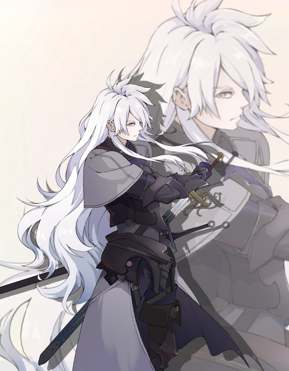 1boy, armor, belt, black_armor, black_belt, commentary, drawing_sword, fate/requiem