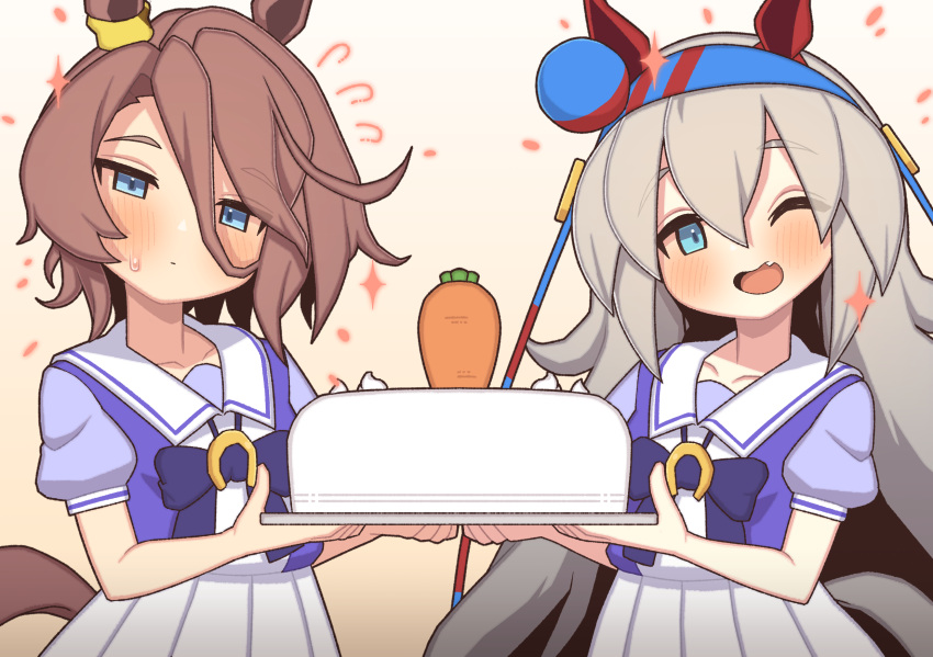 2girls, ;d, animal_ears, blue_hairband, blush, bori_(3910234), bow, bowtie