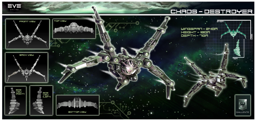 3d, chermilla, commentary, concept_art, destroyer_(eve_online), english_text, eve_online, flying, gallente_federation_(eve_online), glowing, green_theme, highres, military, military_vehicle, multiple_views, nebula, no_humans, original, reference_sheet, science_fiction, sky, space, spacecraft, star_(sky), starry_sky, thrusters, vehicle_focus