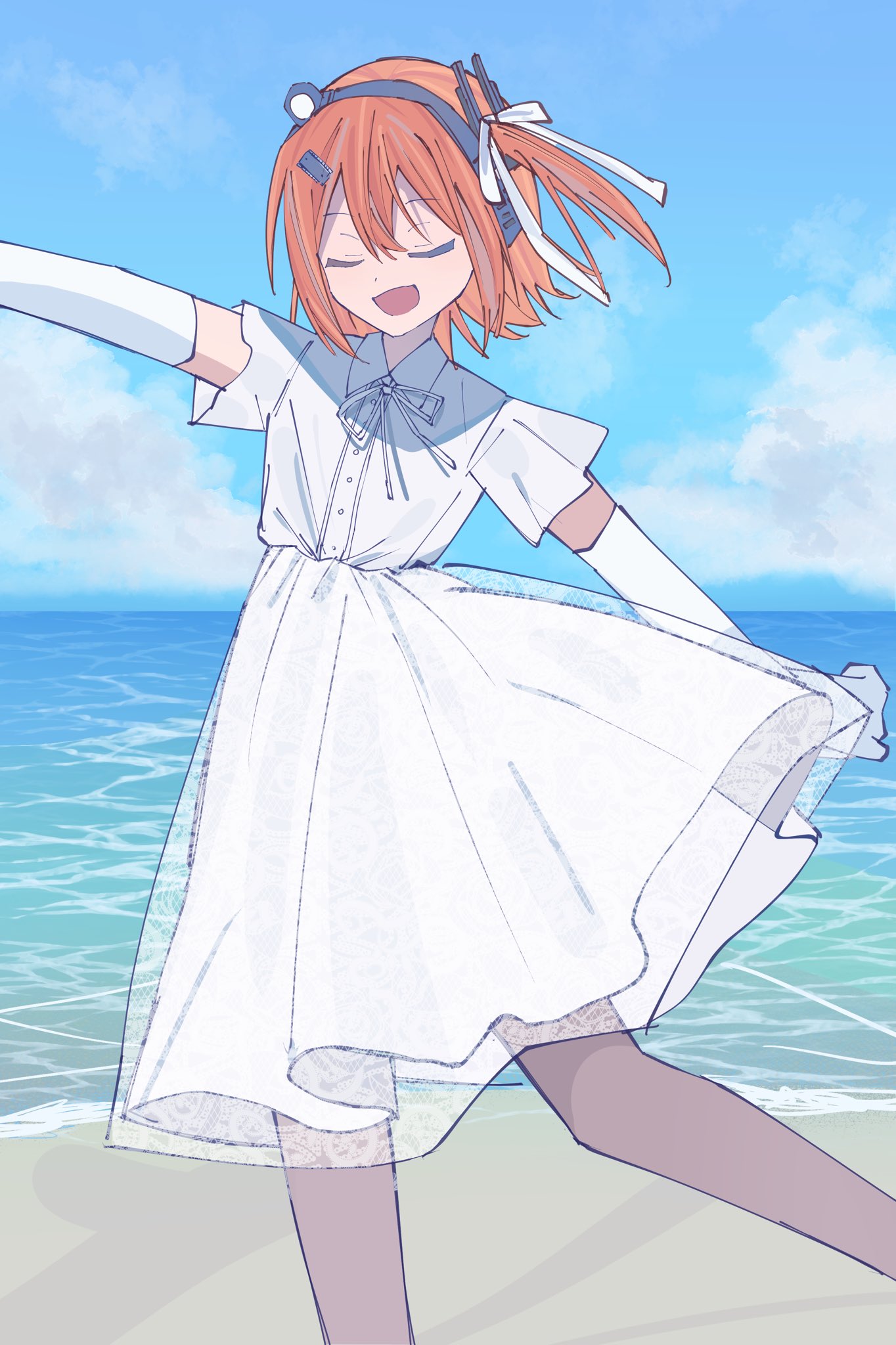 1girl, a.i._voice, adachi_rei, alternate_costume, arm_up, beach, blue_sky, brown_leggings