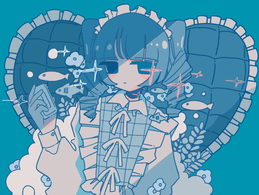 1girl, anemone_(flower), bar_soap, blue_background, blue_eyes, blue_hair, border, dot_mouth