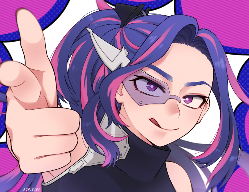 1girl, aiming, armpits, bare_shoulders, boku_no_hero_academia, finger_gun, glasses, highres, lady_nagant, long_hair, looking_at_viewer, multicolored_background, pointing, ponytail, purple_background, purple_hair, shio_to_no_soko, solo, tongue, tongue_out, twitter_username, violet_eyes