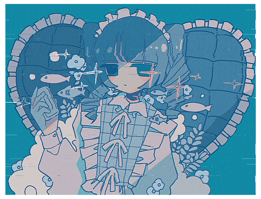 1girl, anemone_(flower), bar_soap, blue_background, blue_eyes, blue_hair, border, dot_mouth