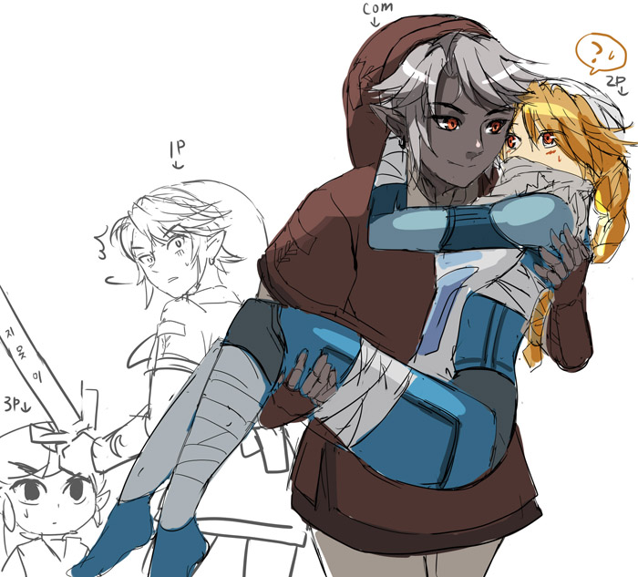 bandages, blonde_hair, carrying, dark_link, elf, hat, korean, link