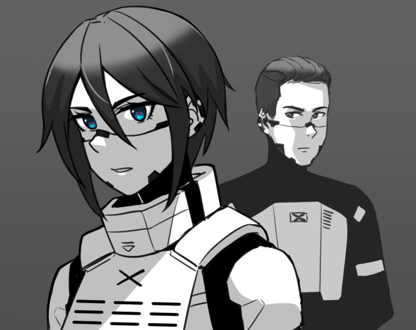 1boy, 1girl, adler_(signalis), android, blue_eyes, character_request, commentary_request, ear_piercing, elster_(signalis), grey_background, hair_between_eyes, jacket, monochrome, ndtwofives, parted_lips, piercing, signalis, simple_background, spot_color, upper_body