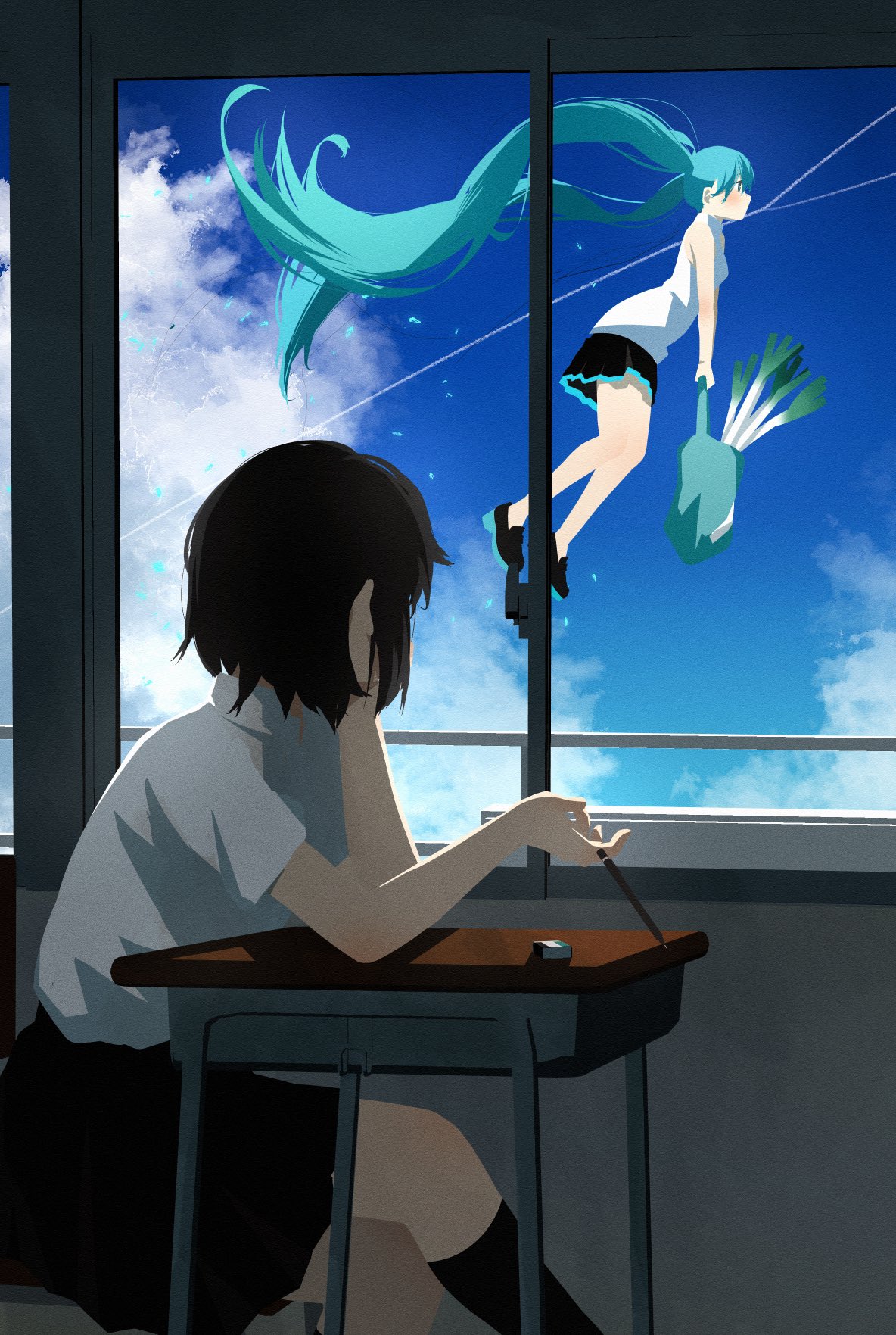 2girls, absurdly_long_hair, aqua_eyes, aqua_hair, bag, black_footwear, black_hair, black_skirt