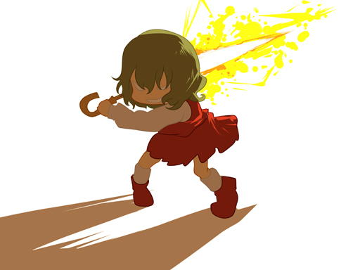 chibi, closed_umbrella, evil_grin, evil_smile, green_hair, grin, kazami_yuuka, mogumogu