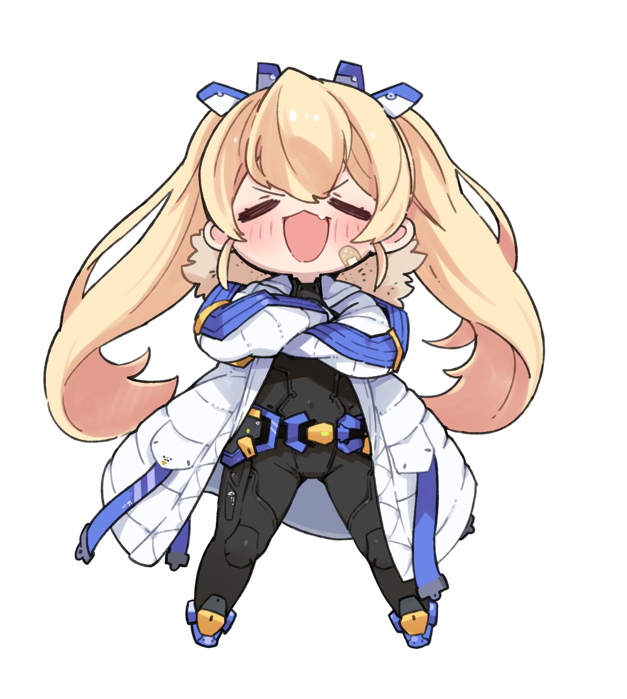 1girl, armored_bodysuit, bandaid, bandaid_on_cheek, bandaid_on_face, black_bodysuit, blonde_hair, blush