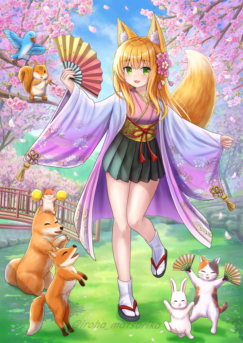 1girl, :d, animal, animal_ear_fluff, animal_ears, bird, black_footwear, black_skirt, blonde_hair, blush, branch, breasts, bridge, cat, cherry_blossoms, commentary_request, day, dog, flower, folding_fan, fox, fox_ears, fox_girl, fox_tail, full_body, green_eyes, hair_flower, hair_ornament, hamster, hand_fan, highres, holding, holding_fan, iroha_(iroha_matsurika), japanese_clothes, kimono, kohaku_(iroha_(iroha_matsurika)), long_hair, long_sleeves, looking_at_viewer, open_clothes, original, outdoors, petals, pinching_sleeves, pink_flower, pink_kimono, pleated_skirt, pom_pom_(cheerleading), rabbit, railing, skirt, sleeves_past_wrists, small_breasts, smile, socks, solo, squirrel, standing, standing_on_one_leg, tabi, tail, twitter_username, white_flower, white_socks, wide_sleeves, zouri