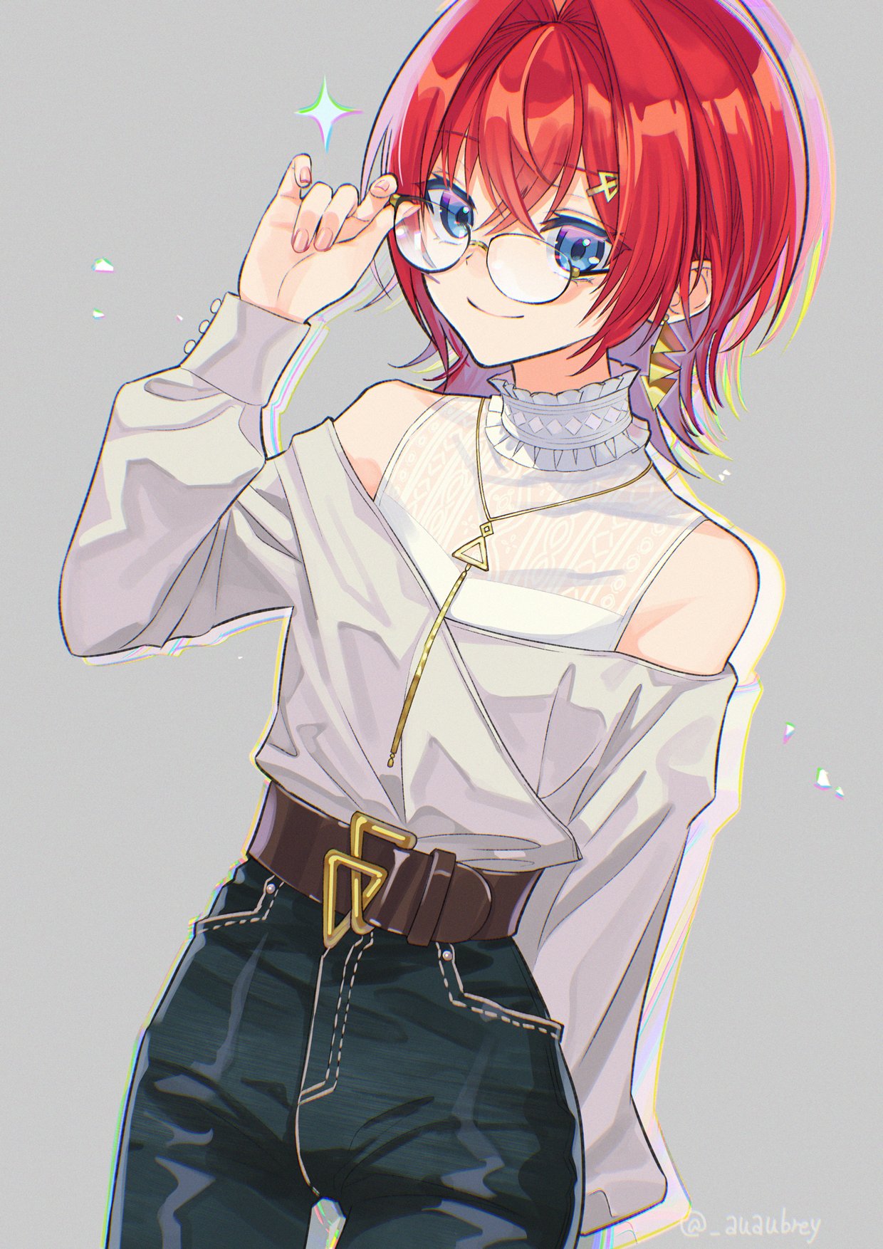 ange_katrina, ange_katrina_(6th_costume), belt, blue_eyes, brown_belt, clothing_cutout, denim, earrings, frilled_shirt_collar, frills, glasses, hair_between_eyes, hair_intakes, hand_on_eyewear, highres, jeans, jewelry, kyarairo, looking_at_viewer, necklace, nijisanji, pants, redhead, short_hair, shoulder_cutout, sparkle, triangle_hair_ornament, virtual_youtuber