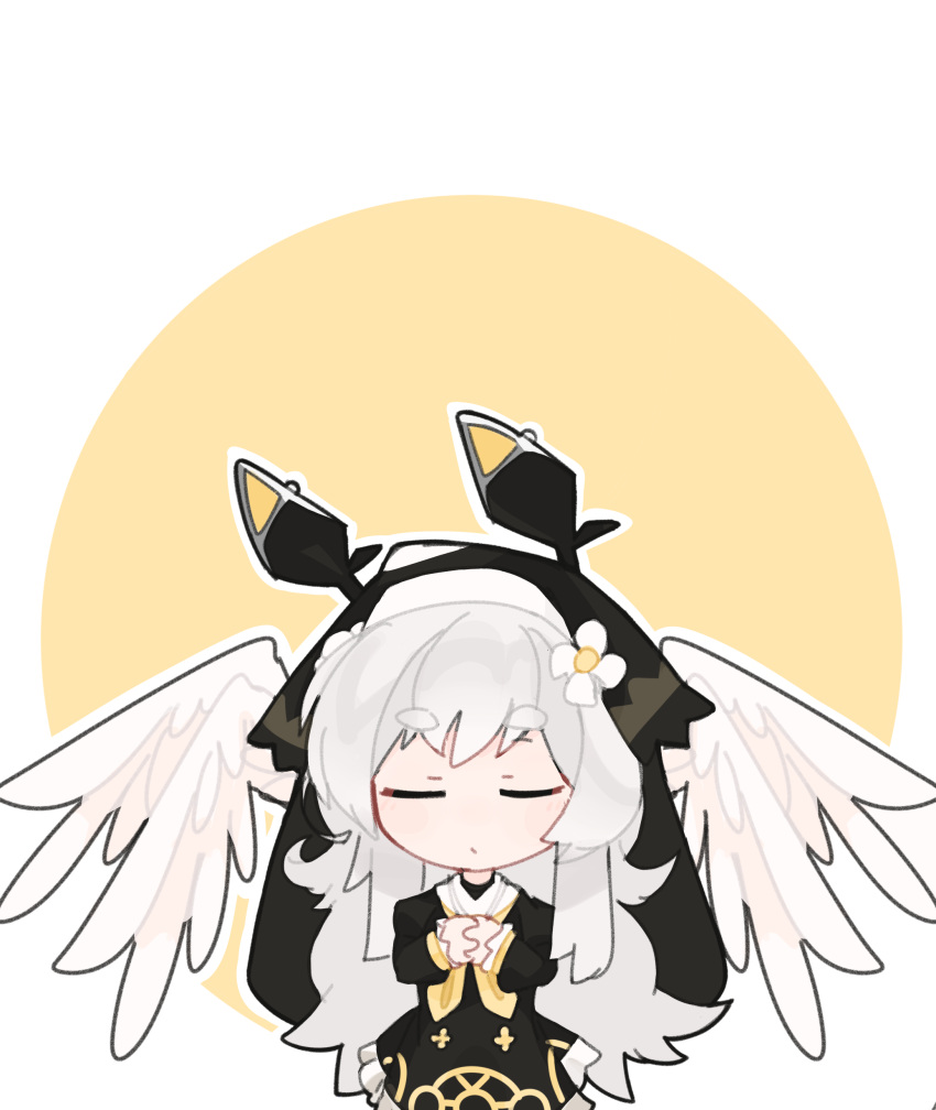 1girl, absurdres, arknights, black_dress, brown_background, chibi, closed_eyes, closed_mouth