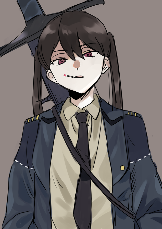 1girl, black_hair, black_necktie, blue_jacket, cigarette, collared_shirt, commentary_request, grey_background