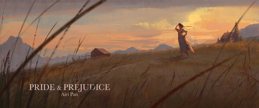 1girl, dress, dusk, elizabeth_bennet, farm, grass, highres, hill, pixiescout, pride_and_prejudice, solo, white_dress