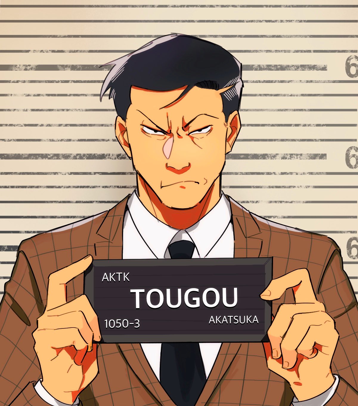 1boy, alternate_costume, barbie_(franchise), barbie_(live_action), barbie_mugshot_(meme), black_eyes, black_hair, card